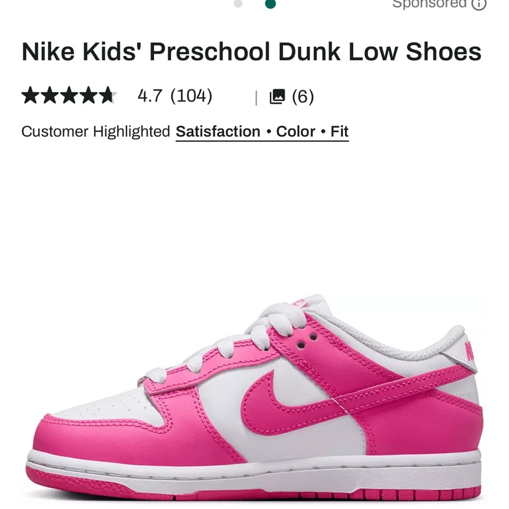 Nike Kids' Dunk Low Pink and White Sneakers